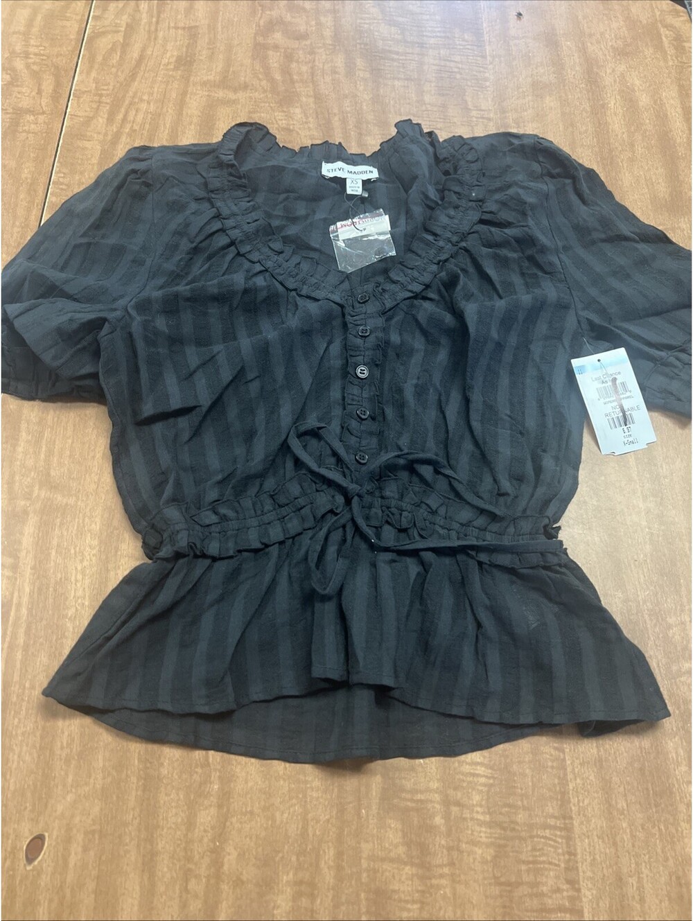 Steve Madden Shadow Stripe Ruffle Cotton Button Top Extra Small Black Blouse Top